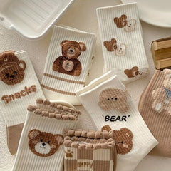 7 Pairs Bear Print Cartoon Socks Women's Mid Tube Stockings