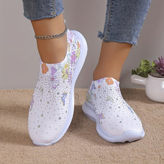 Women's Rhinestone Sock Shoes Butterfly & Floral Print Knit Running Shoes