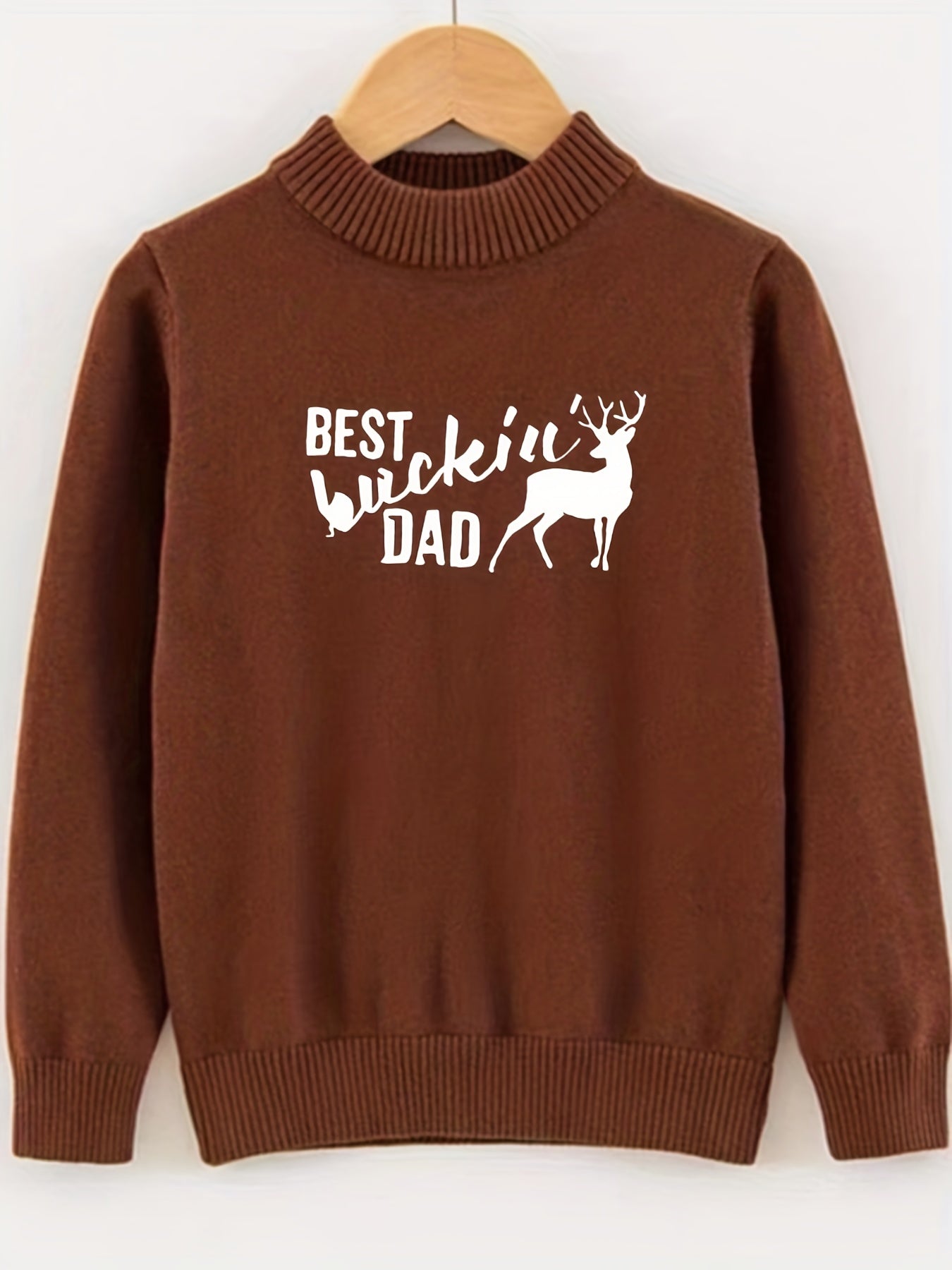 Dad & Deer Print Knitted Sweater Men's Warm Crew Neck Pullover For Fall Winter