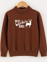 Dad & Deer Print Knitted Sweater Men's Warm Crew Neck Pullover For Fall Winter