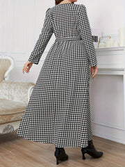 Houndstooth Print Long Sleeve Maxi Dress With Belt