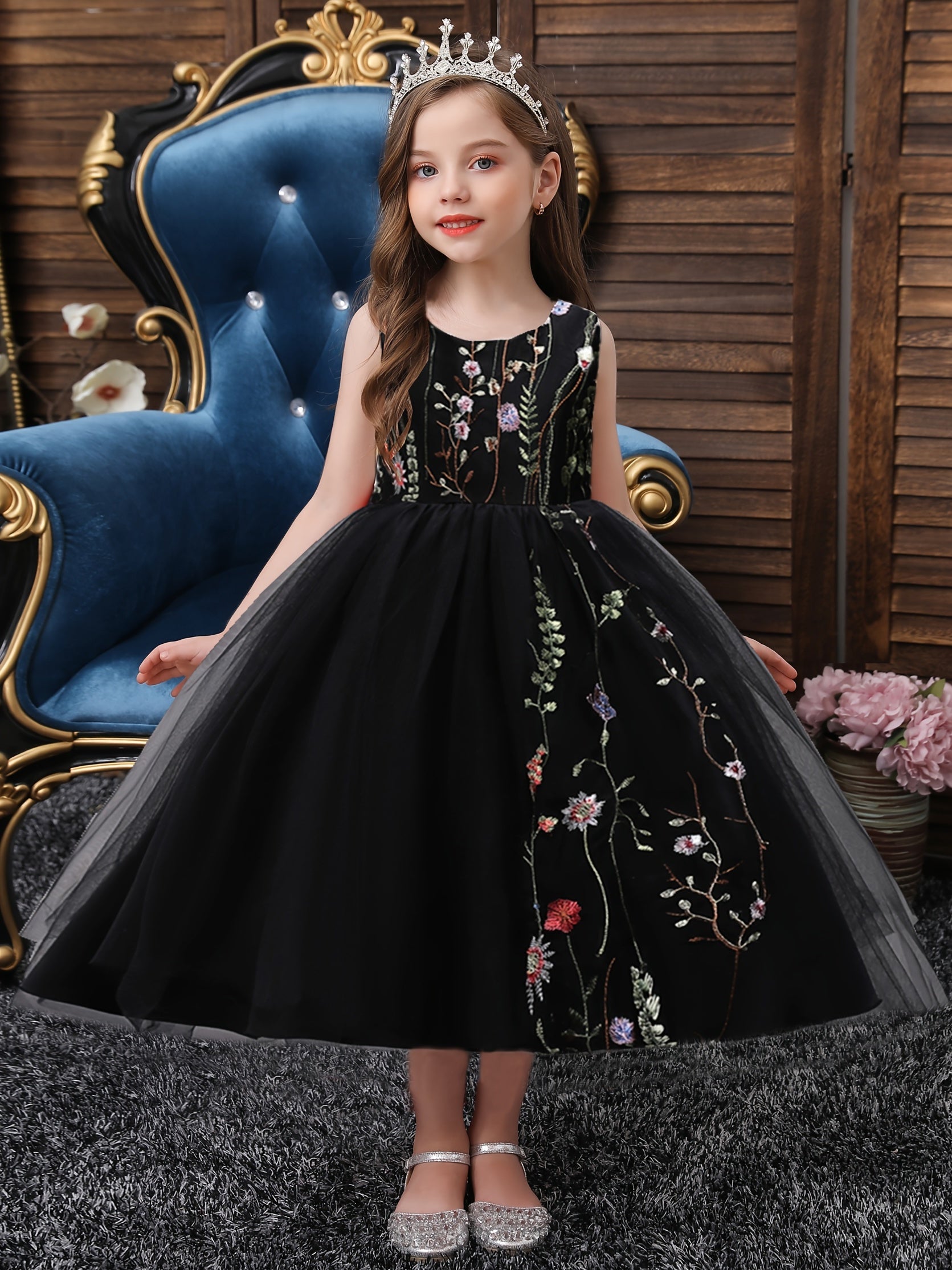 Girls Sleeveless Puffy Princess Dress Flowers Embroidery Tulle Tutu Dress