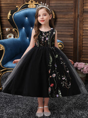 Girls Sleeveless Puffy Princess Dress Flowers Embroidery Tulle Tutu Dress