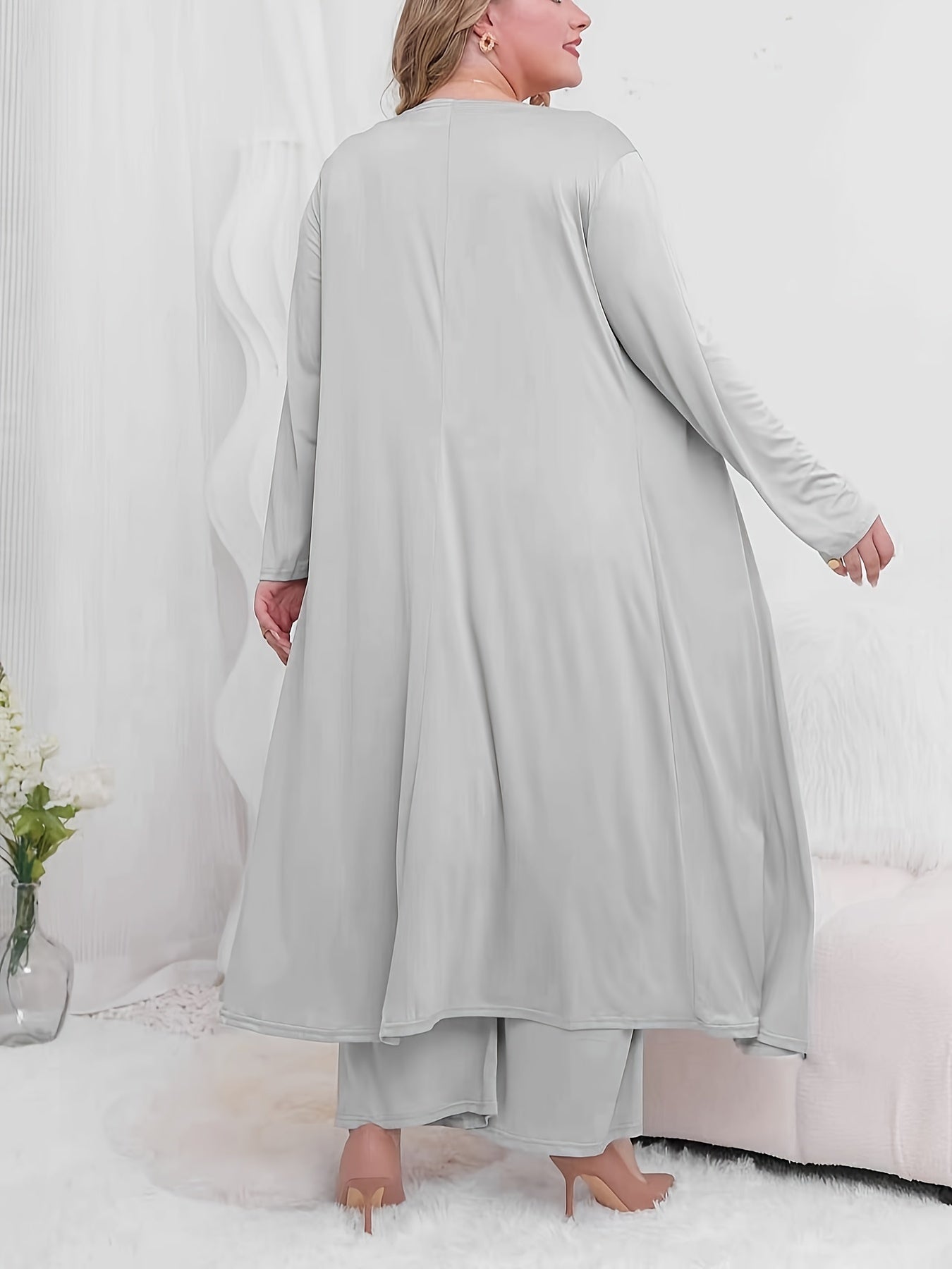 3 Piece Solid Long Sleeve Cardigan & V Neck Top & Wide Leg Pants Set