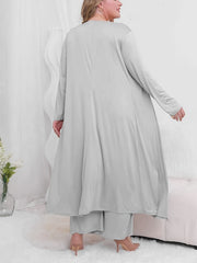 3 Piece Solid Long Sleeve Cardigan & V Neck Top & Wide Leg Pants Set
