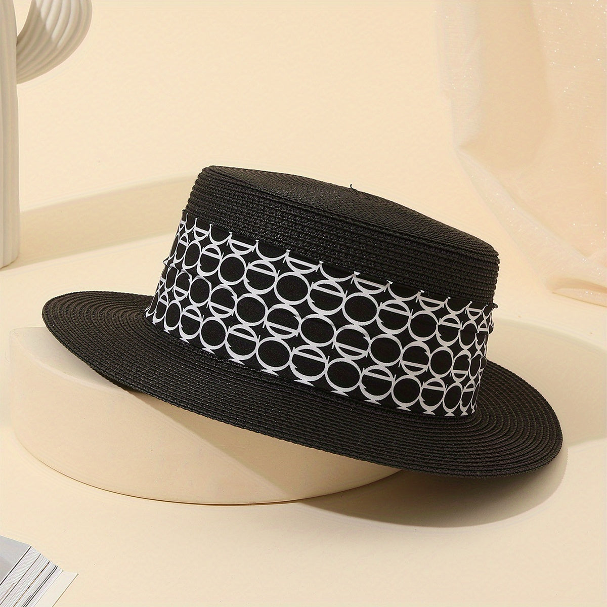 Straw Jazz Sun Hat Women Wide Strap Decor British Style Flat Top Fedora Cap