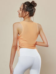 Solid Boat Neck Sleeveless Tank Top Side Drawstring Pleated Sports Top