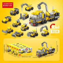 10pcs Mini Construction Vehicle Building Block Set Excavator Dump Truck Backhoe