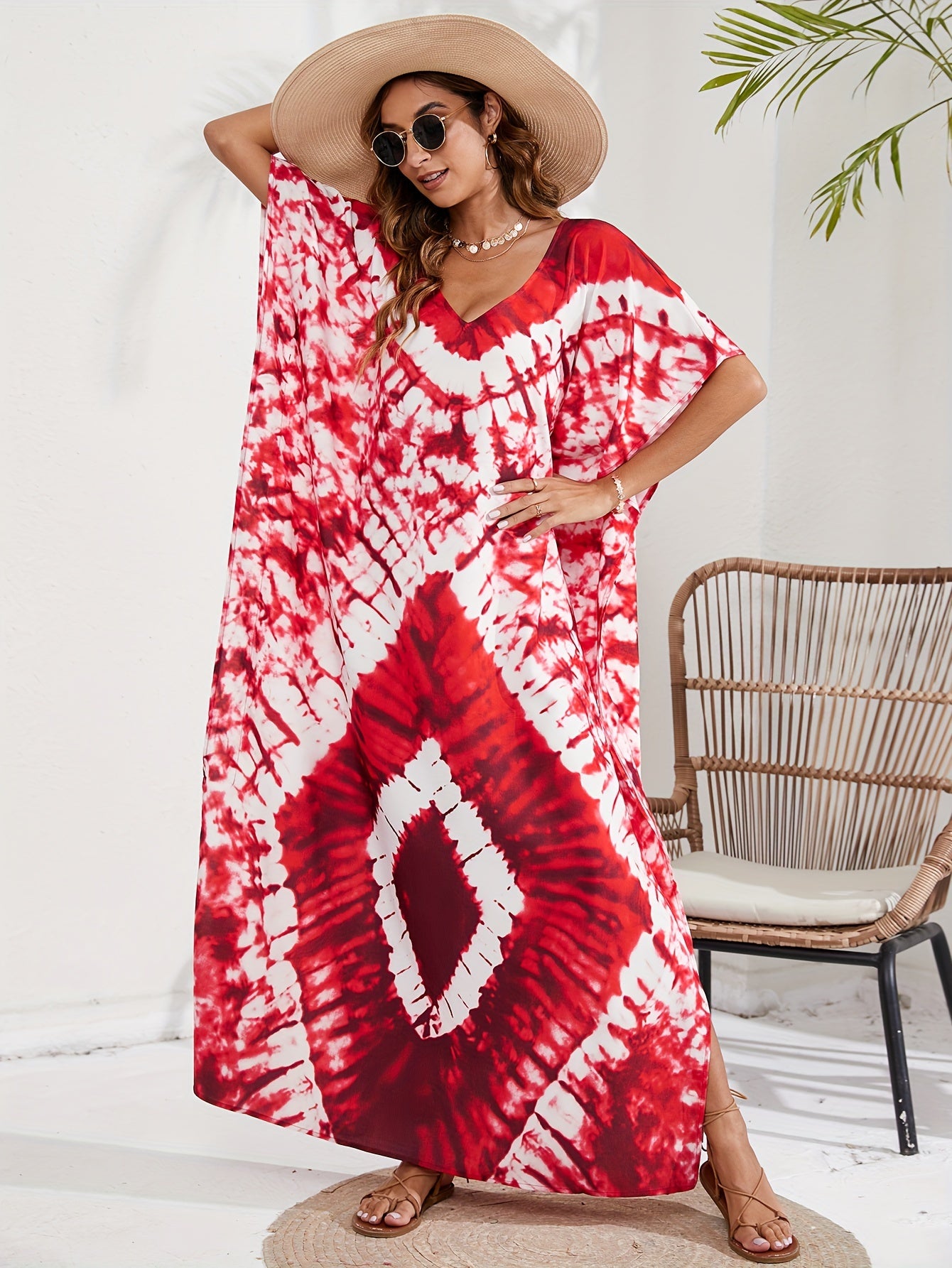 Boho Cover Up Women's Tie Dye & Geo Print Kaftan Beach Cover Up Dress