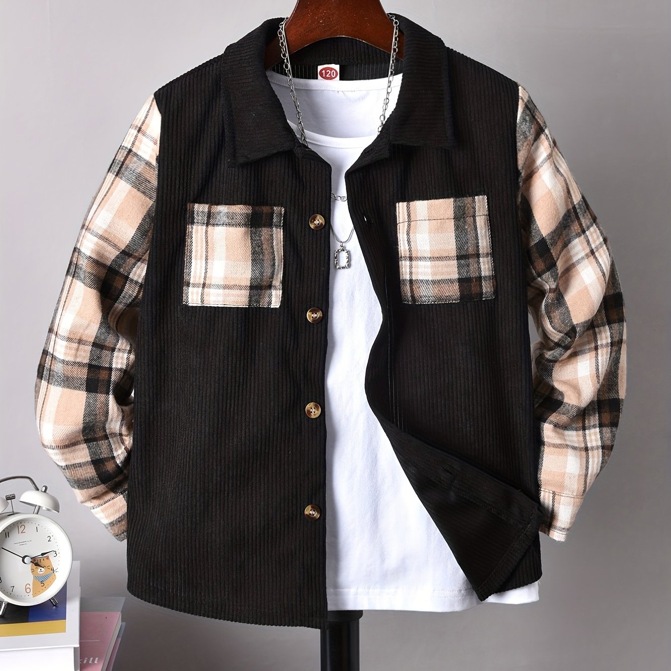 Boy's Plaid Fleece Jacket Casual Lapel Button Up Coat