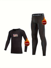 2pcs Kids Fleece Lined Compression Sports Set Drinks Print Tops & Leggings Pants