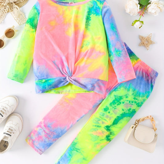 Girl's Rainbow Tie Dye 2pcs Sweatshirt & Pants Set for Spring Fall