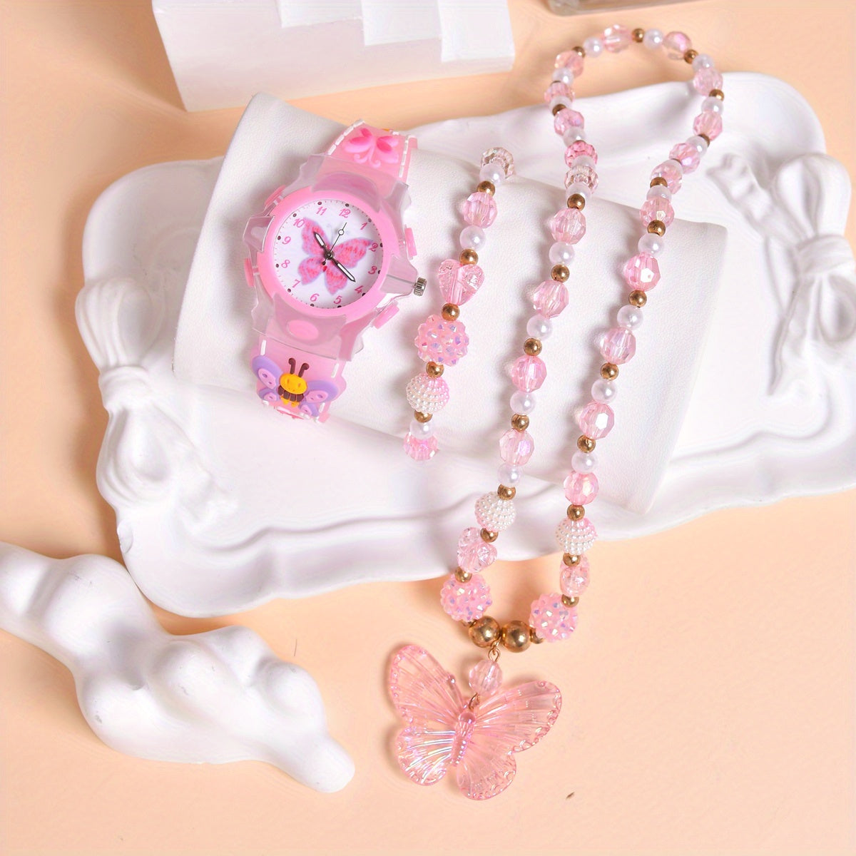 3pcs Butterfly Watch Set for Girls Pink Glow in Dark Quartz Wristwatch Necklace