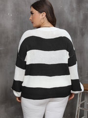 Casual Sweater Women's Plus Stripe Print Drop Shoulder Lantern Sleeve