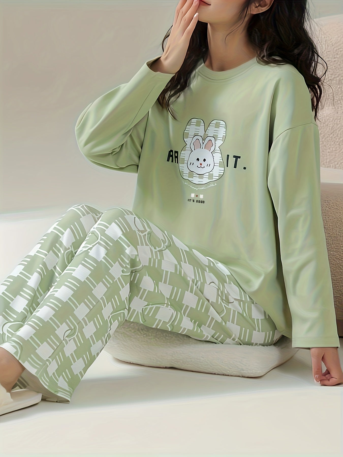 Bunny Print Pajama Set Long Sleeve Top & Plaid Pants