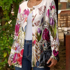 Casual Cardigan Women's Plus Floral Print Long Sleeve Button Up
