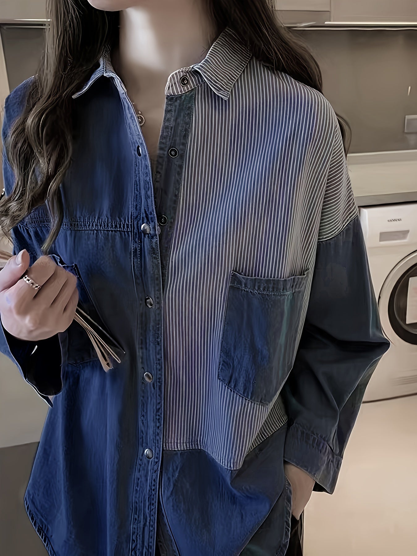Denim Top Women's Plus Contrast Striped Print