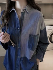 Denim Top Women's Plus Contrast Striped Print
