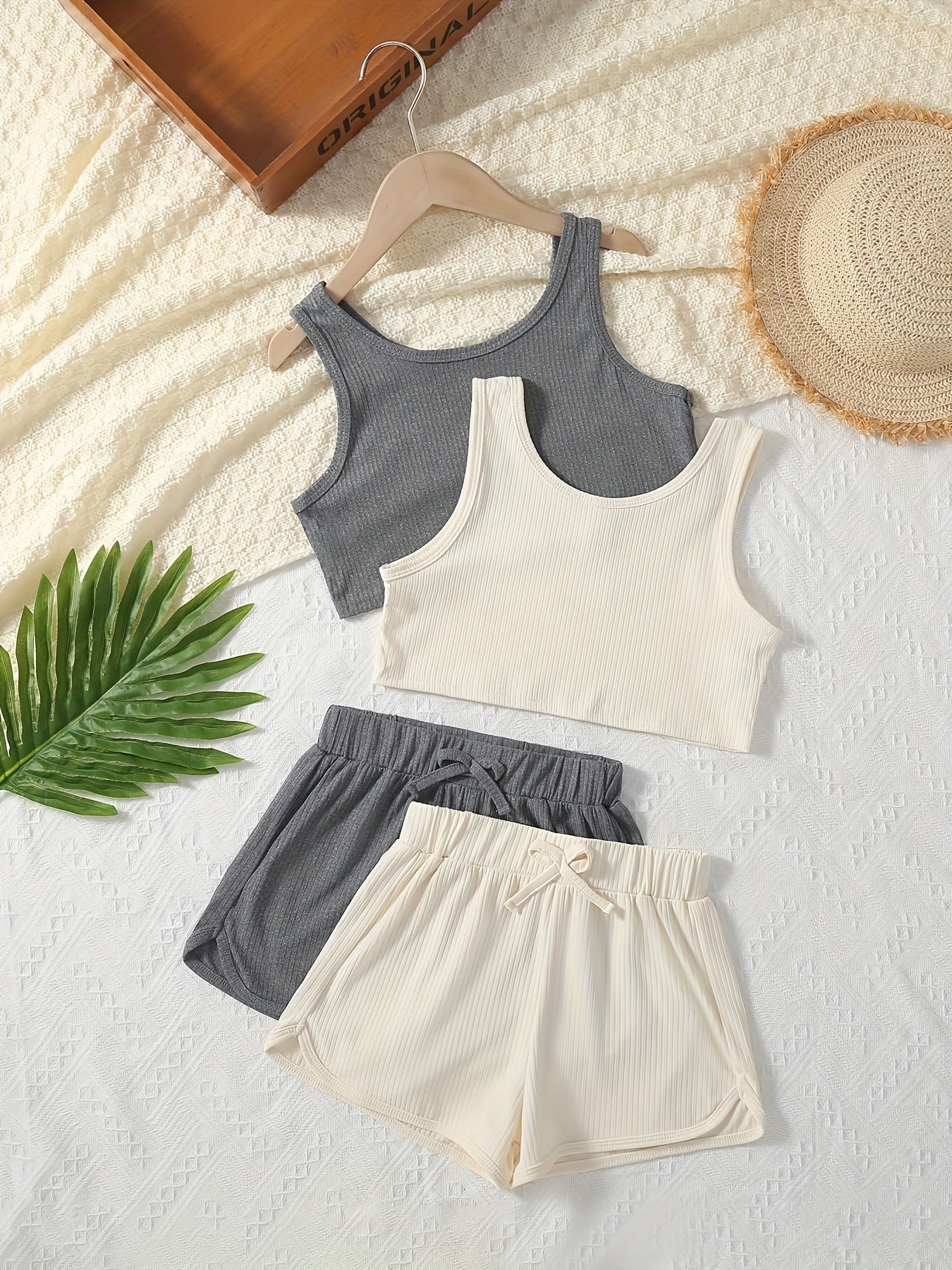 Girls Ribbed Crop Tank Top & Track Shorts Set Kids Summer Clothes