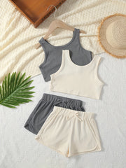 Girls Ribbed Crop Tank Top & Track Shorts Set Kids Summer Clothes