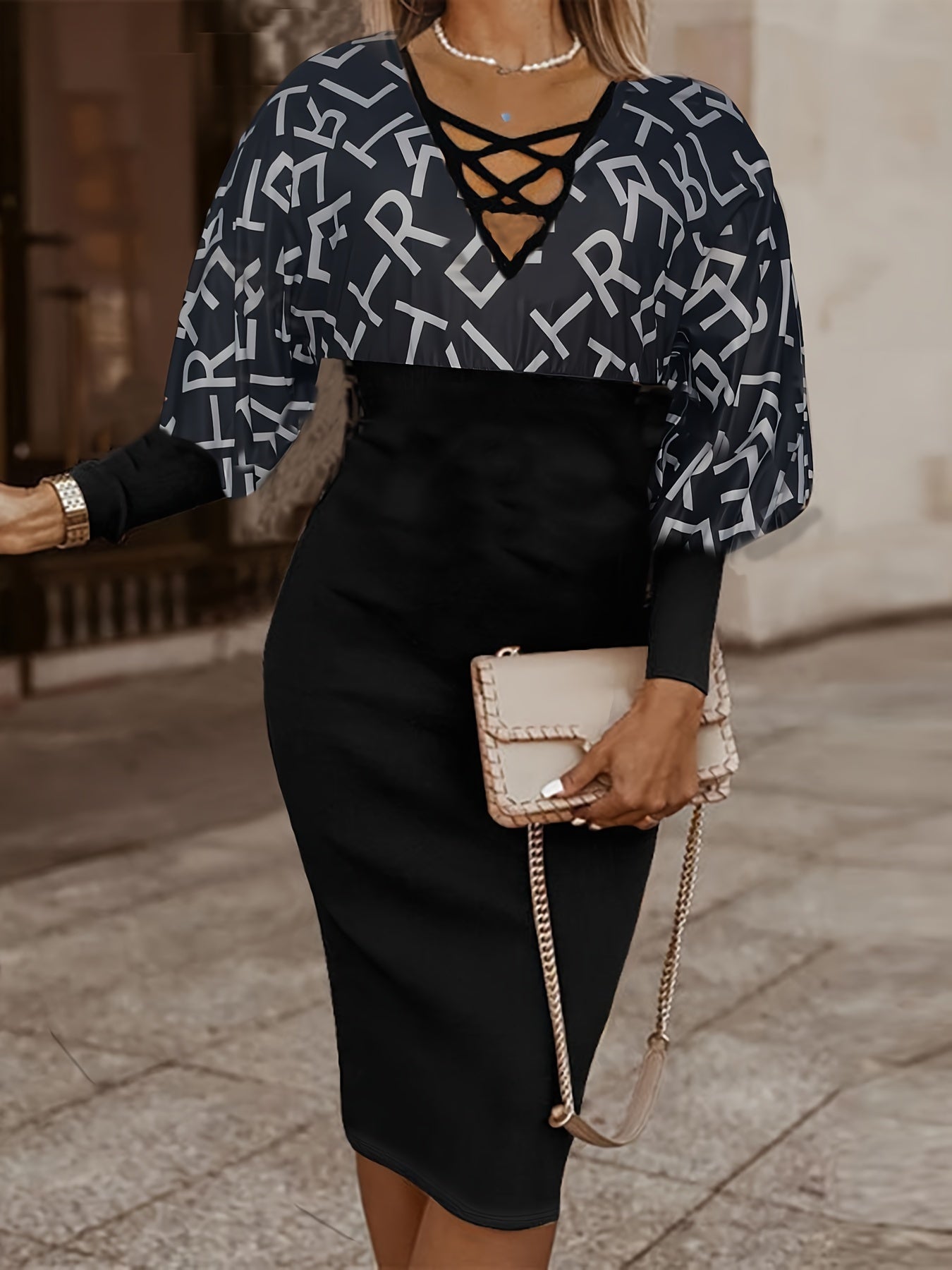 Colorblock Letter Print Lantern Sleeve Bodycon Dress