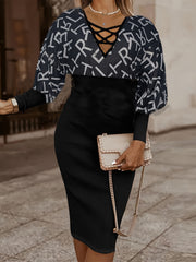 Colorblock Letter Print Lantern Sleeve Bodycon Dress