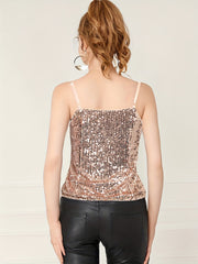 Sequined Spaghetti Strap Top V Neck Sleeveless Cami Top
