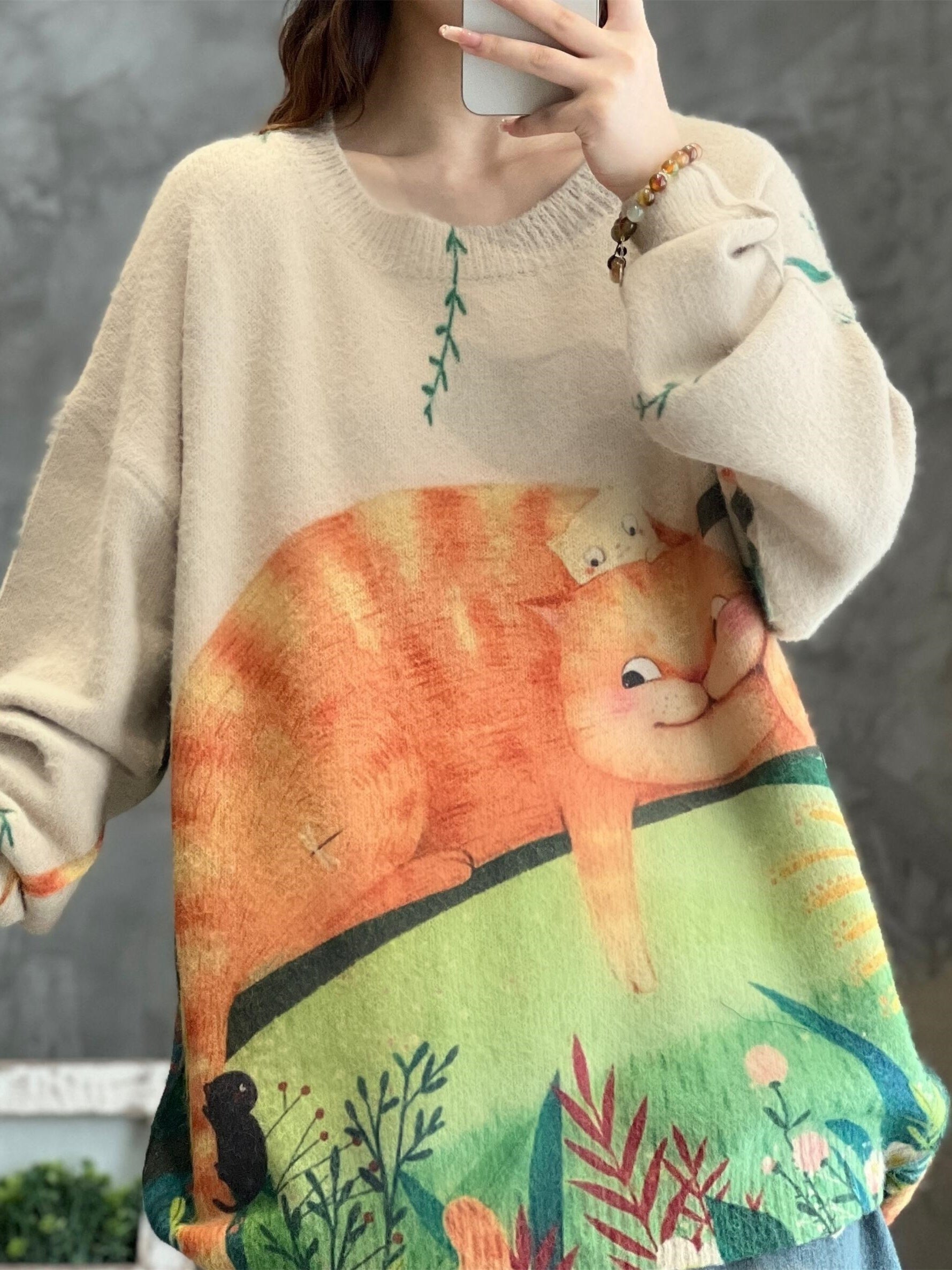 Cartoon Cat Print Long Sleeve Pullover Jumper