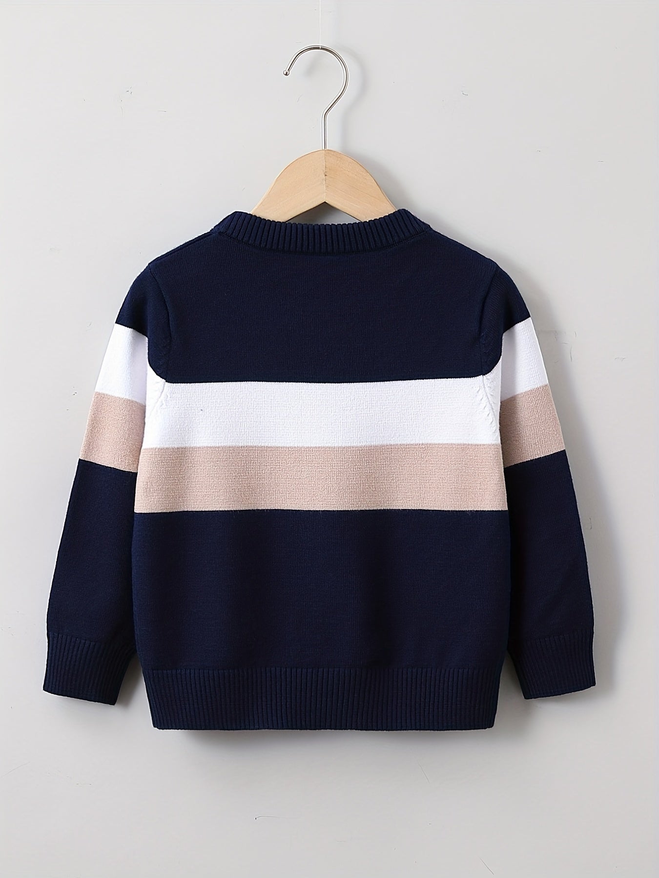 Boys Block Sweater Round Neck Long Sleeve Knit Pullover Top