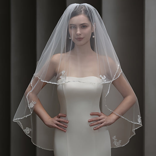 Beaded Floral Veil Soft Nylon Bridal Gown Accessory with Lace Detailing