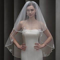 Beaded Floral Veil Soft Nylon Bridal Gown Accessory with Lace Detailing