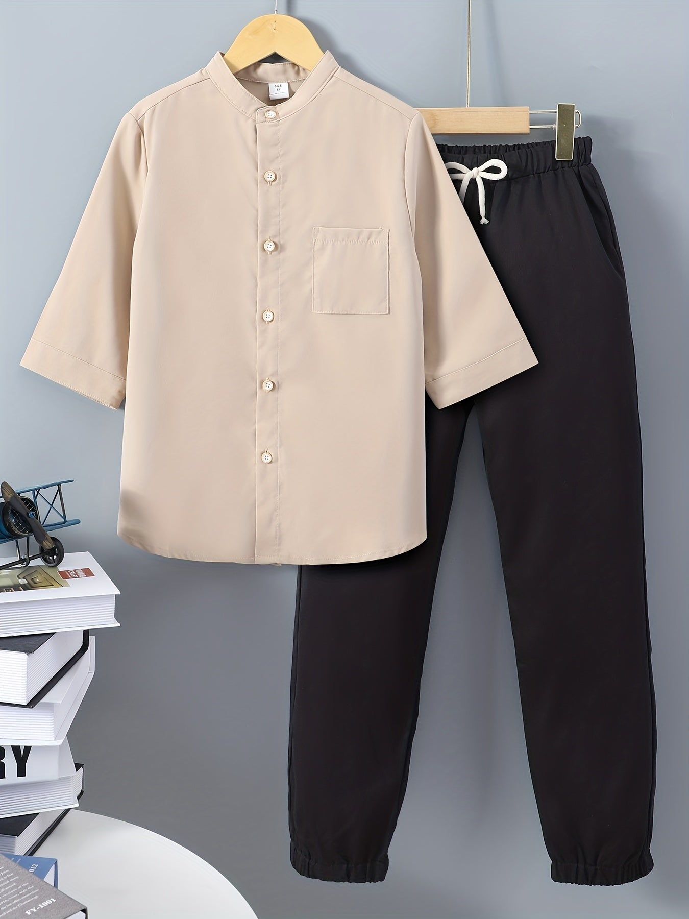 2pcs Boys Soild Casual Long Sleeve Shirt&Pants Sets