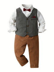 Boys Suit Set Vest Shirt Pants Bow Tie Slim Suit Gentleman Prom Wedding