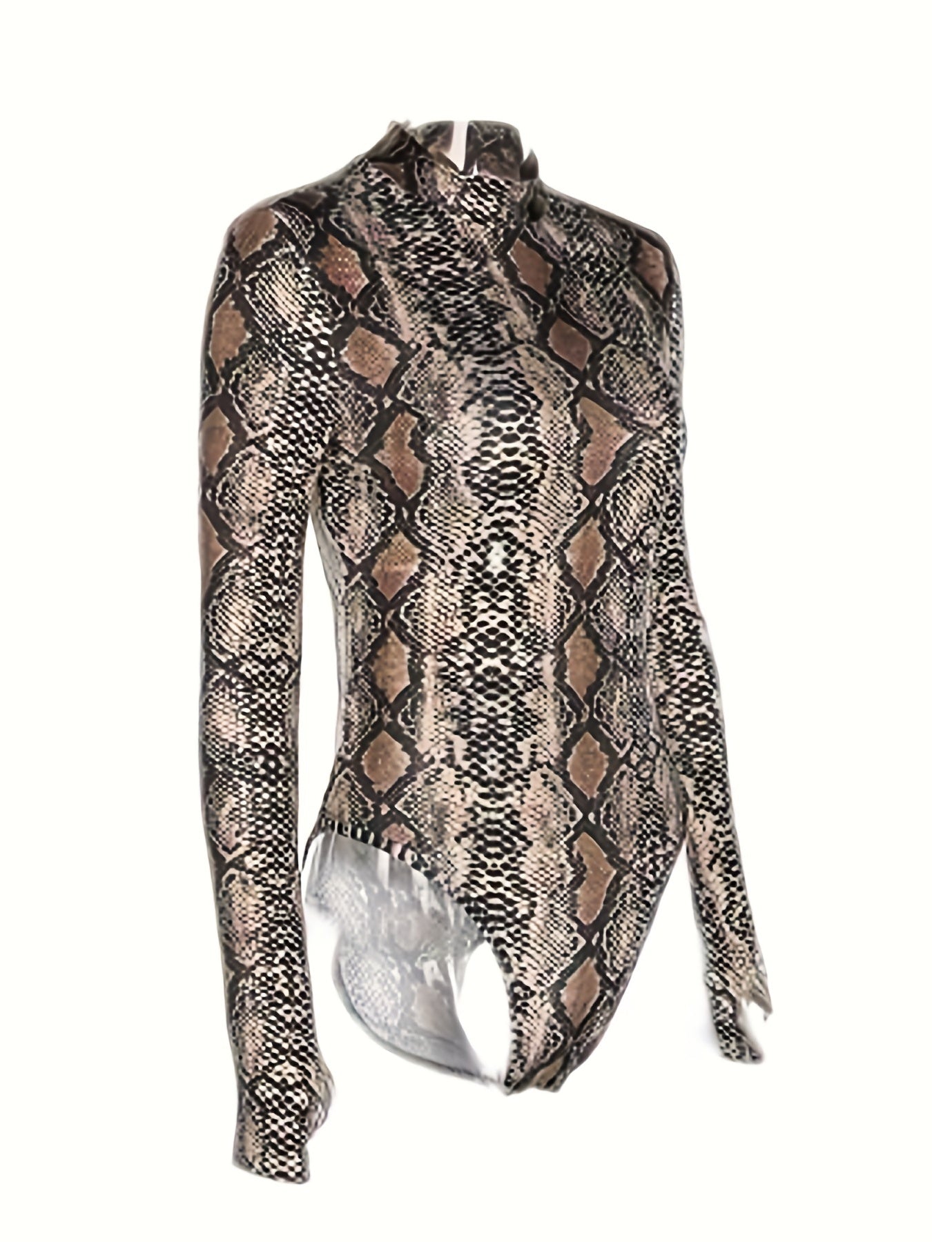Snakeskin Print Mock Neck Bodysuit Sexy Long Sleeve One Piece Bodysuit