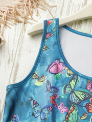 Butterfly Print Tank Top Round Neck Medium Stretch