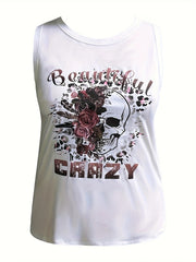 Gothic Tank Top Women's Plus Floral Skull & Letter Print