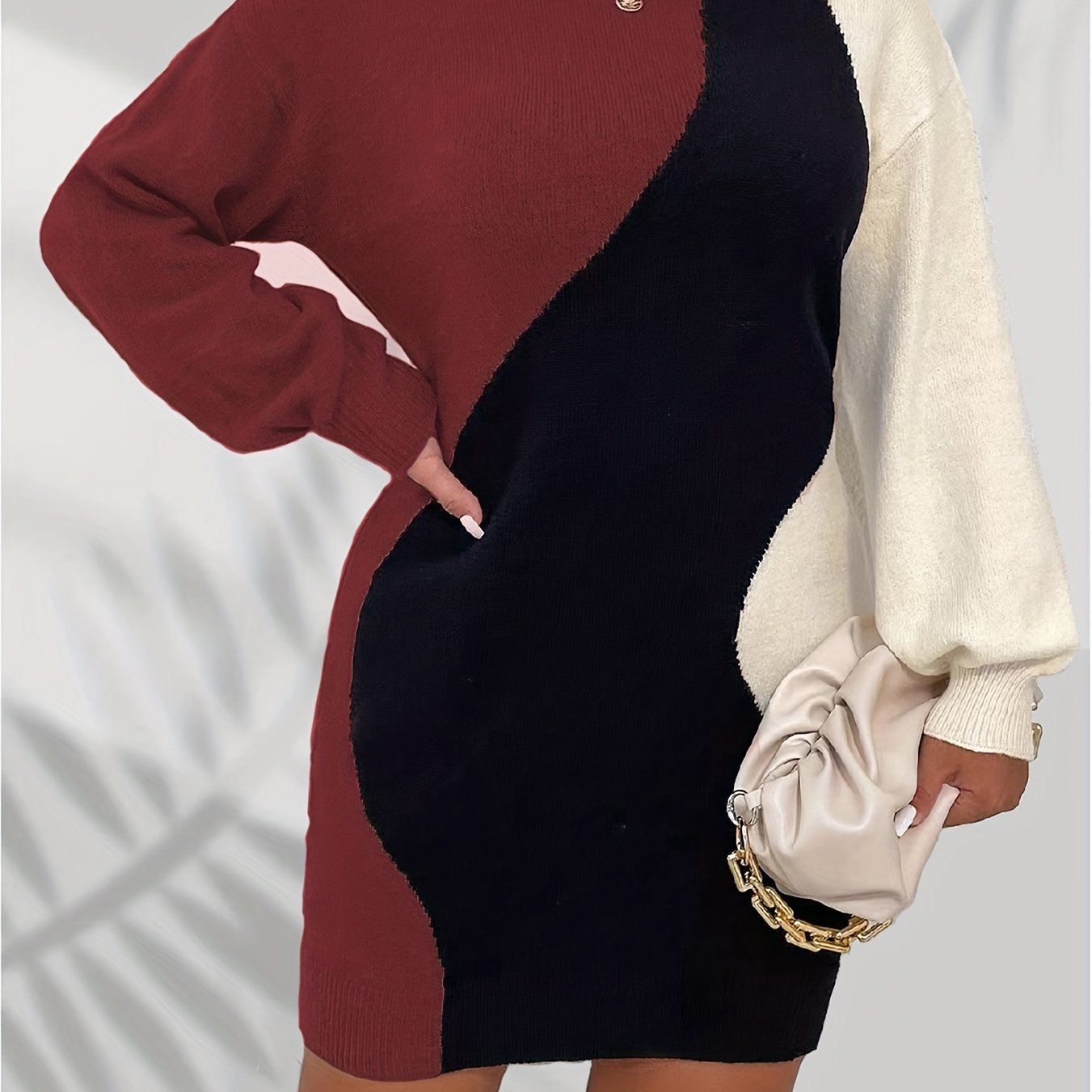 Colorblock Lantern Sleeve Sweater Dress