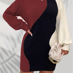 Colorblock Lantern Sleeve Sweater Dress