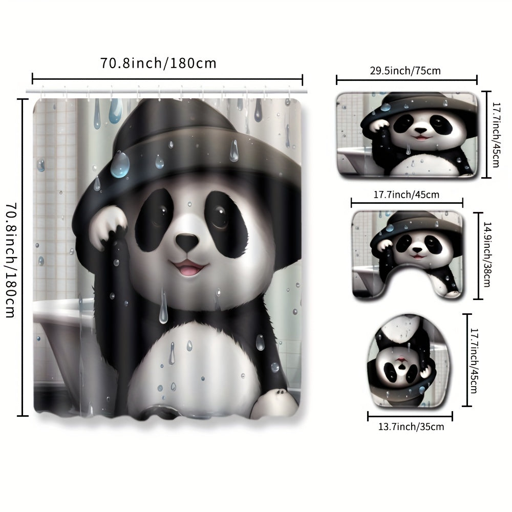 Panda Shower Curtain Set with Rings & Floor Mat - Modern Bathroom Accessory