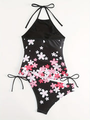 Floral Print Tankini Set Halter Neck Knot Side Top & Underwear Two Pie