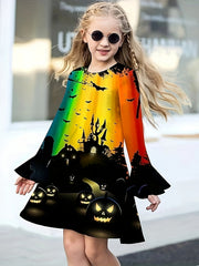 Girls Lovely Kitty Graphic Flare Sleeve Dress