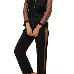 Mesh Stitching Lounge Set Long Sleeve V Neck Top & Elastic Waistband Pants