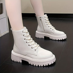 Women's Solid Lace Up Round Toe Zipper Platform Boots