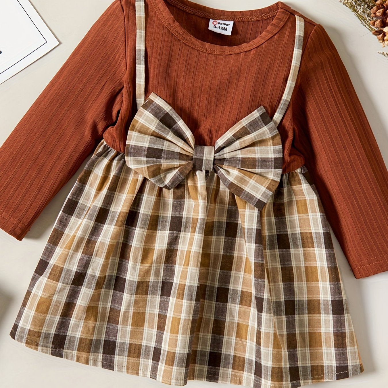 Baby Girl Ribbed Long Sleeve Plaid Bowknot Dress
