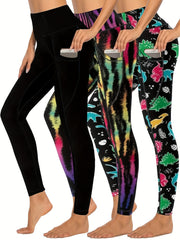 3-Pack Plus Size Leggings Set: Star & Snake Print High Waist
