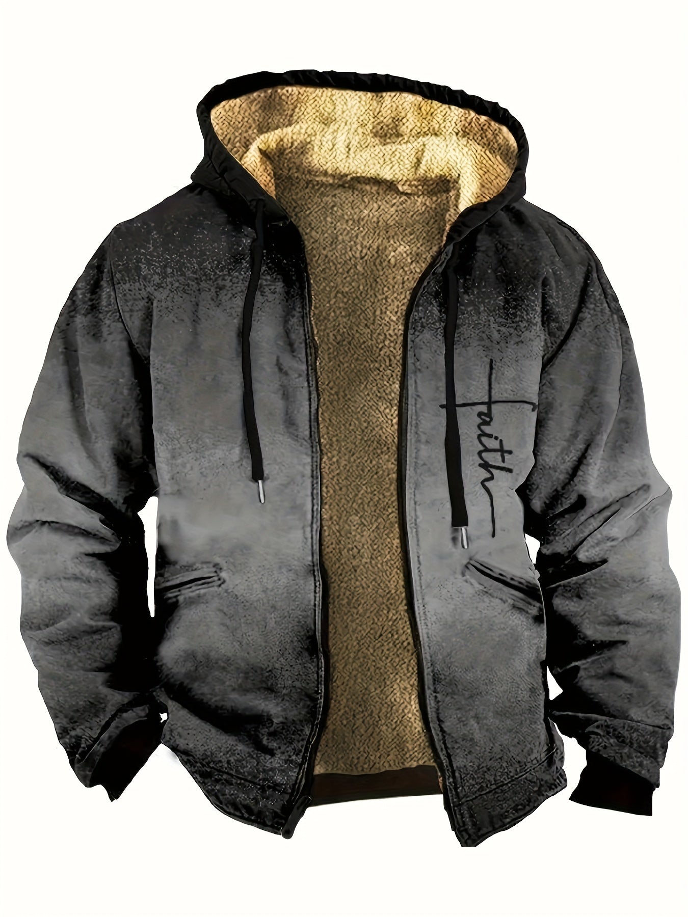 Men's Faith Pattern Gradient Plush Thick Winter Hooded Coat
