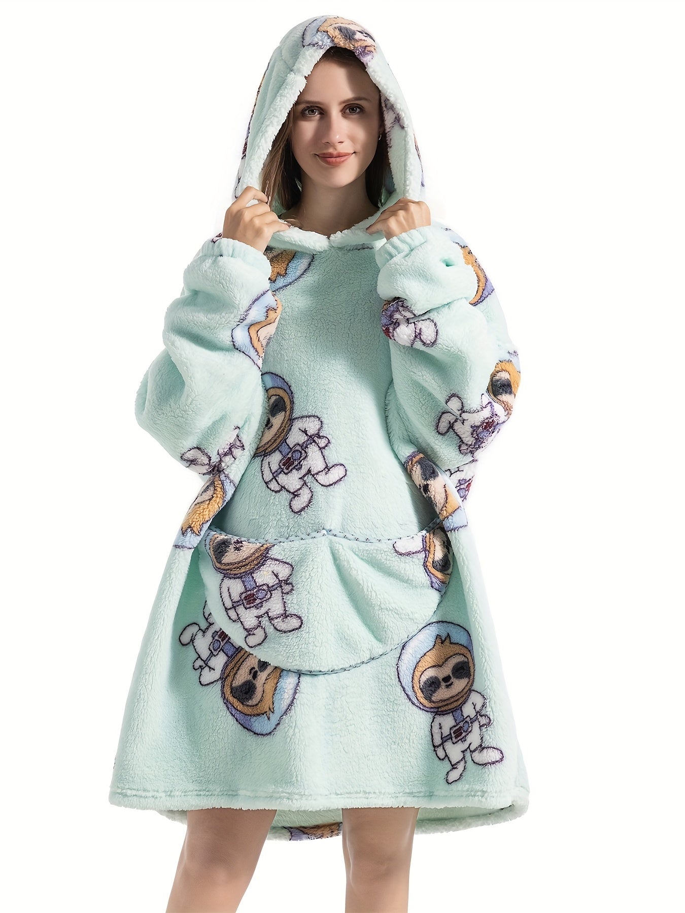 Women's Plus Size Sloth Pattern Fleece Hooded Robe