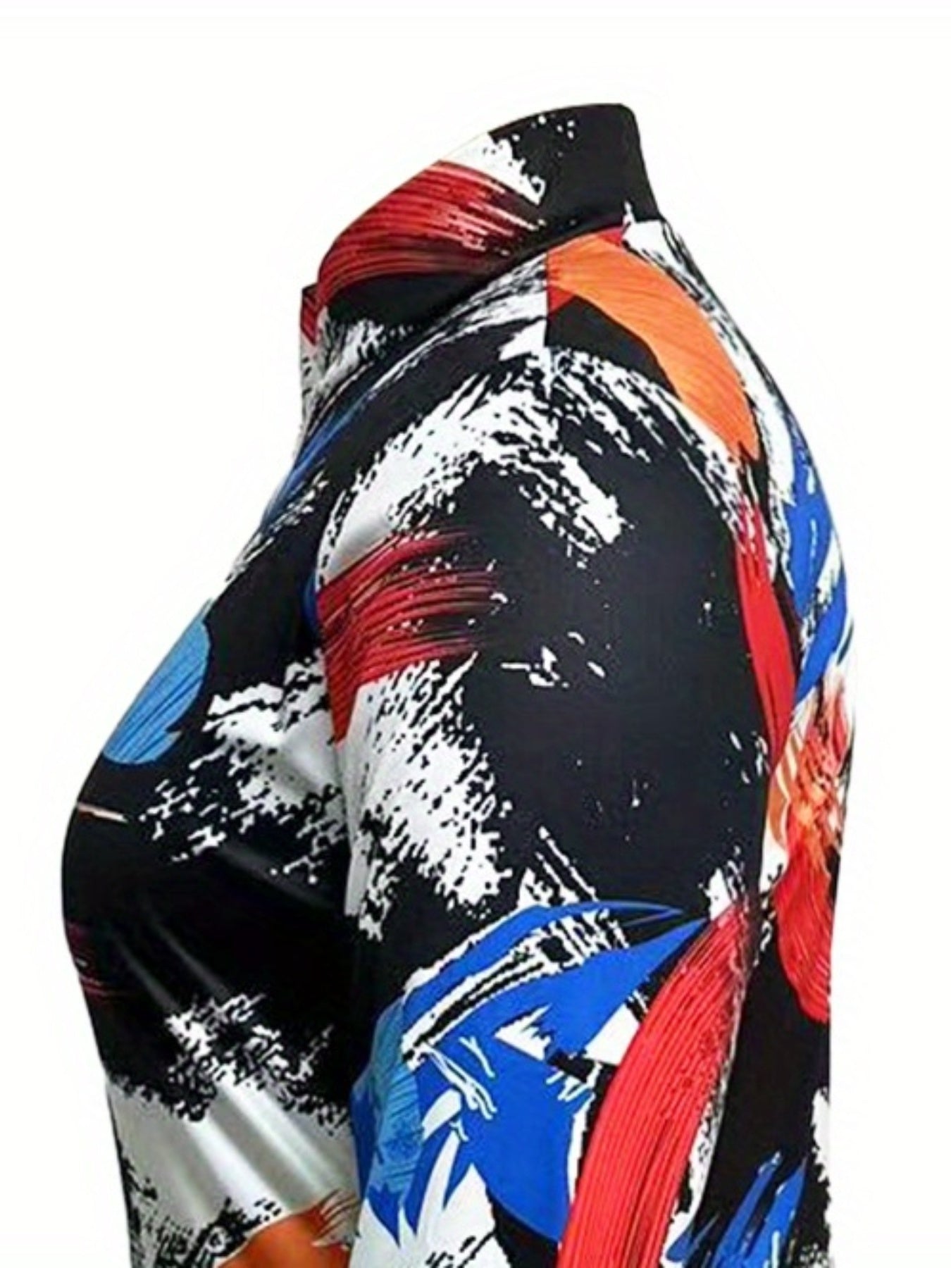 Women's Plus Feather Print Zip Up Mock Neck Long Sleeve Slim Fit Midi Dress