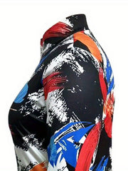 Women's Plus Feather Print Zip Up Mock Neck Long Sleeve Slim Fit Midi Dress