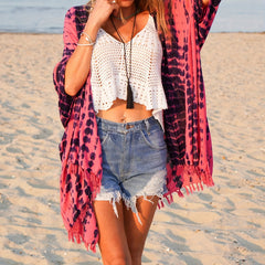 Tie Dye Print Tassel Trim Open Front Cover Up Cardigan Loose Fit
